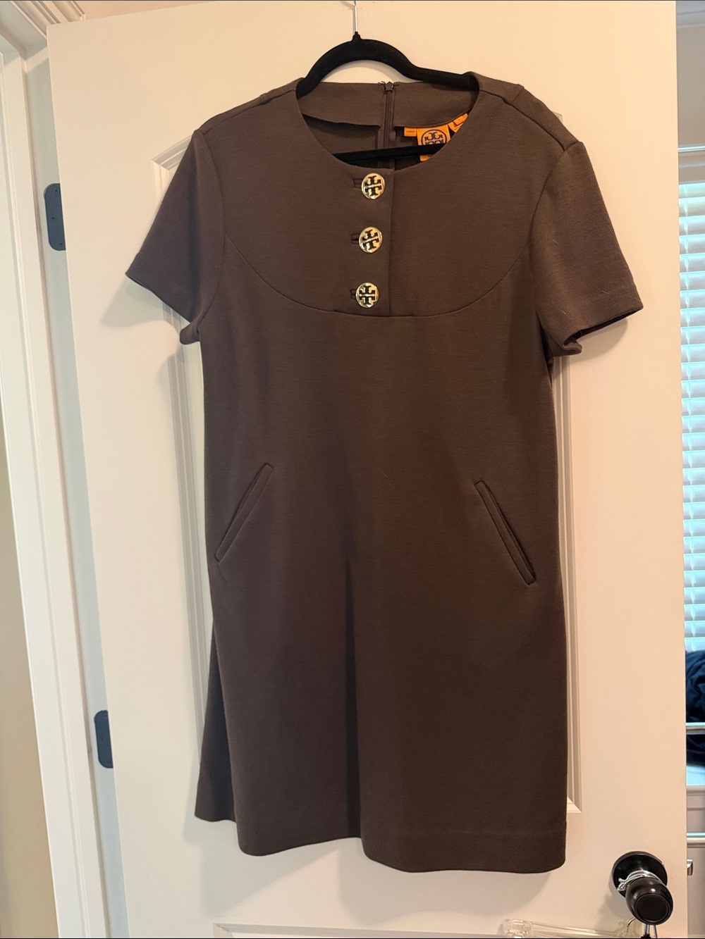 Tory Burch Brown Short-Sleeve Mini Dress with Gold Buttons